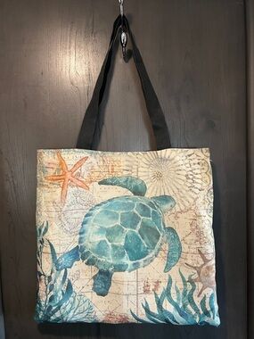 Coastal Sea Turtle Canvas Tote Bag - Blue & Cream
